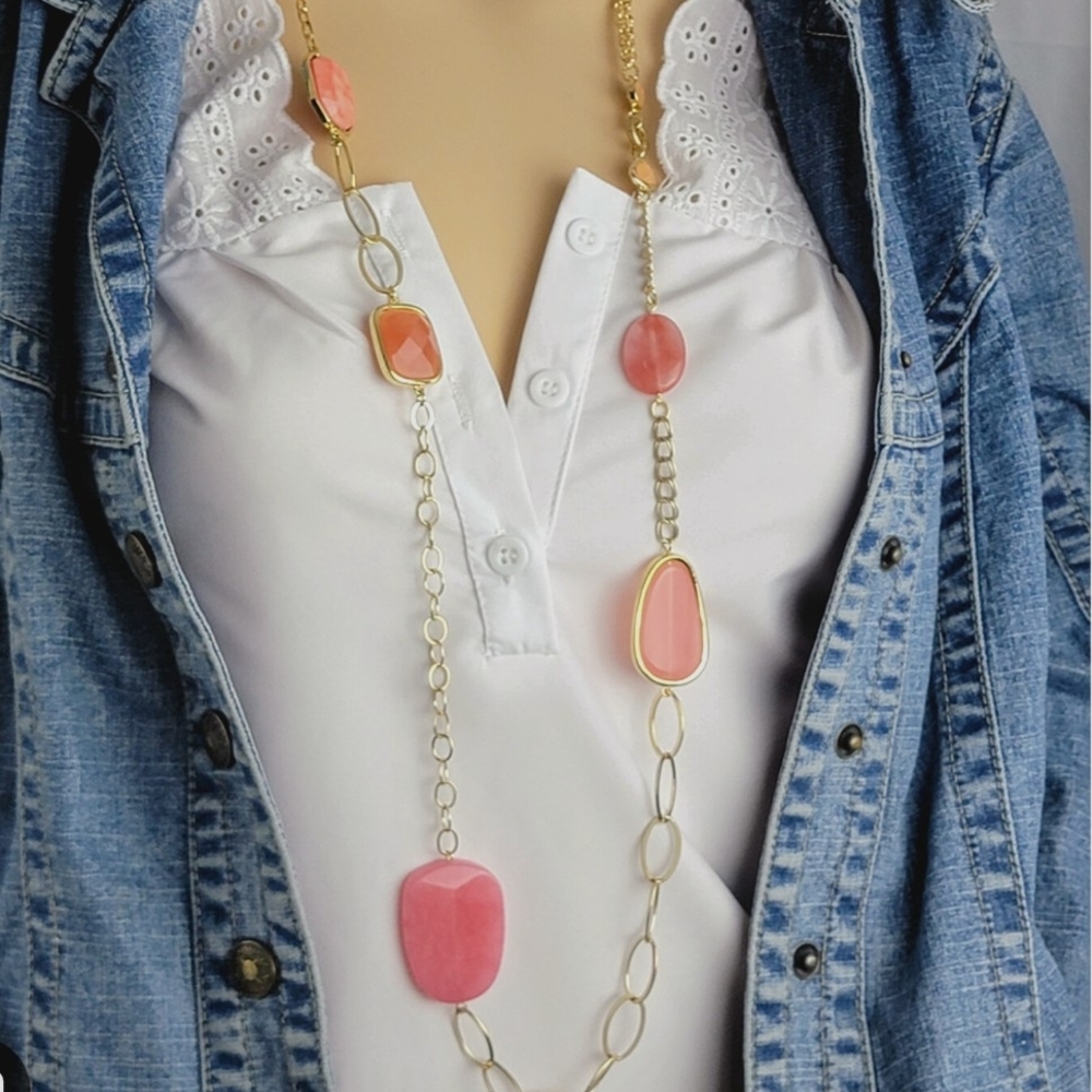 Chico's Pink and Gold Long Necklace